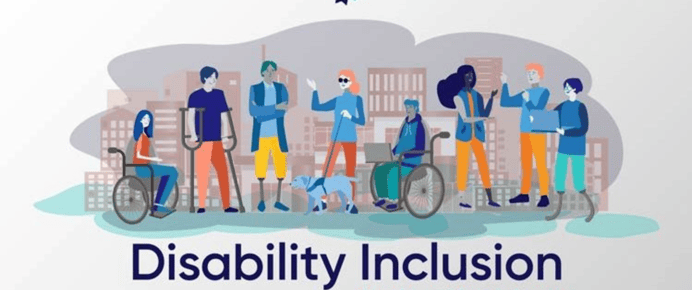 Image of a group of diverse figure people that says disability inclusion. 